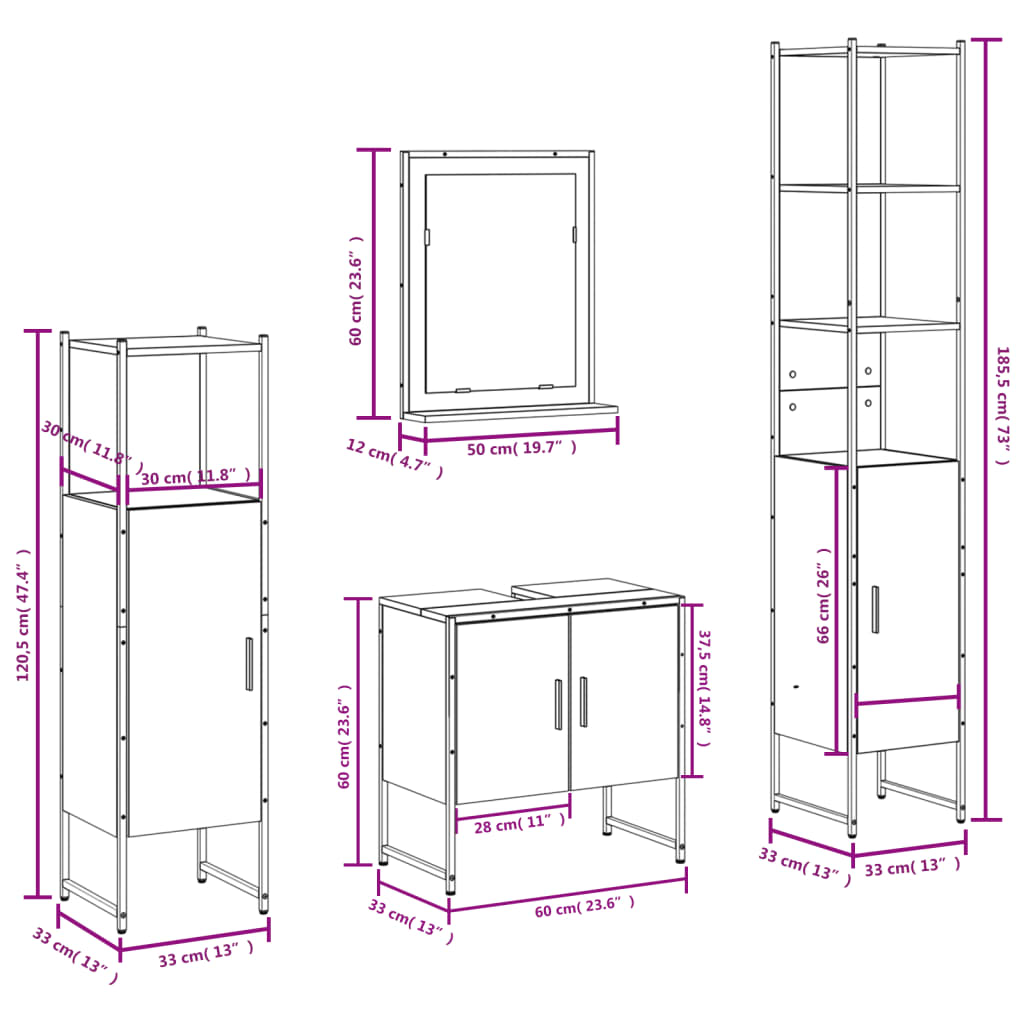 vidaXL Bathroom Cabinet Set Furniture Wall Mirror 4 Piece Engineered Wood