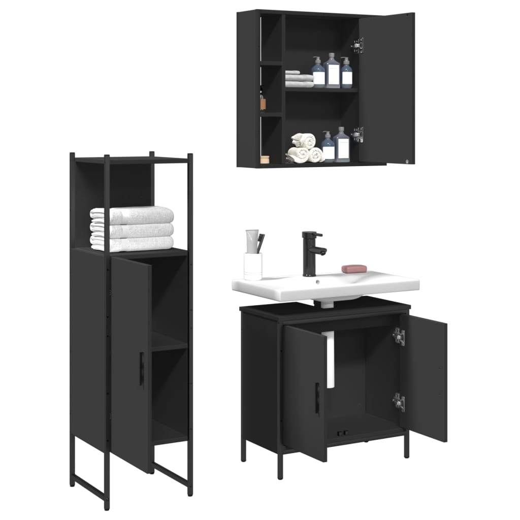 vidaXL 3 Piece Bathroom Cabinet Set Black Engineered Wood